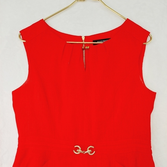 Ellen Tracy Cherry Red Sheath Key Hole Gold Hardware Waist Detail Dress P2039 - Picture 2 of 9